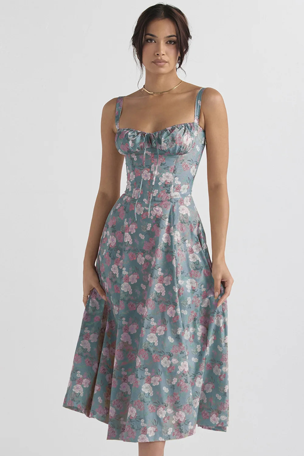 Sexy Low Cut Spaghetti Strap Maxi Dresses For Women Color Flower Printed Chest Wrap Bowknot Leace-up Long Dress Elegant Vestidos