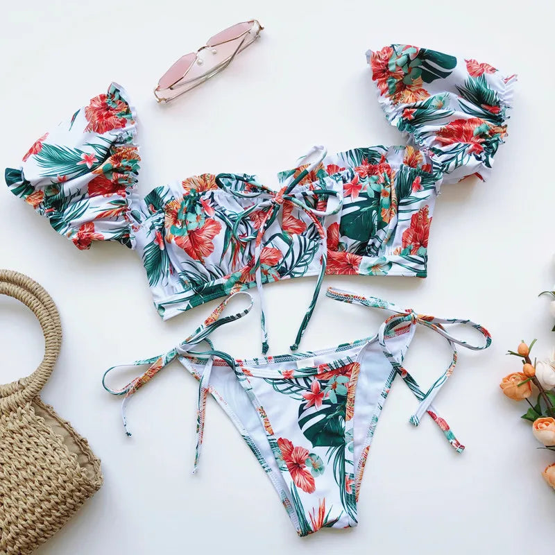 DEKA Brazilian Puff Sleeve Bikini Set Women Thong Swimsuit Printed High Waist Swimwear Bathing Suit Beachwear Push Up Bikini