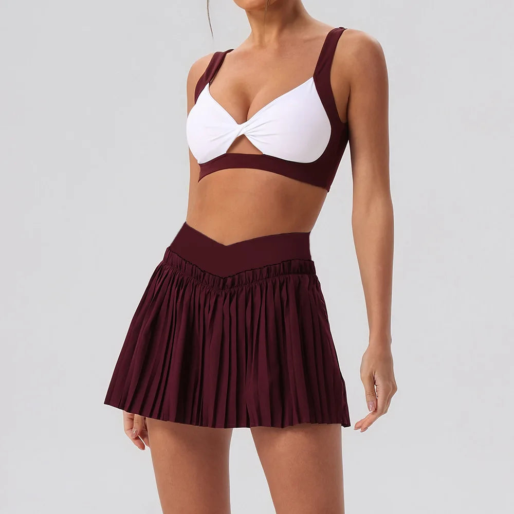 Tight Yoga Sets Women's Tracksuit Sexy Color Contrast Hollow Out Sports Bra High Waist Pleate Tennis Short Skirt Fitness Suits