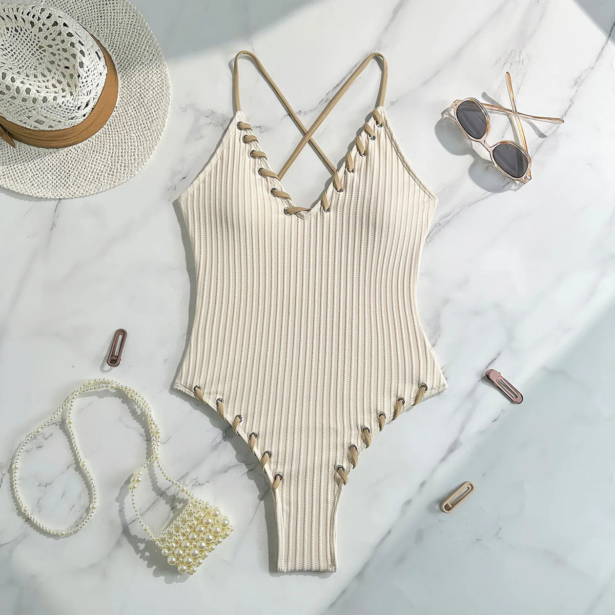 V Neck Wrinkled Ribbed Cross Backless One Piece Swimsuit Women Swimwear Female High Leg Cut Monokini Bather Bathing Suit Swim