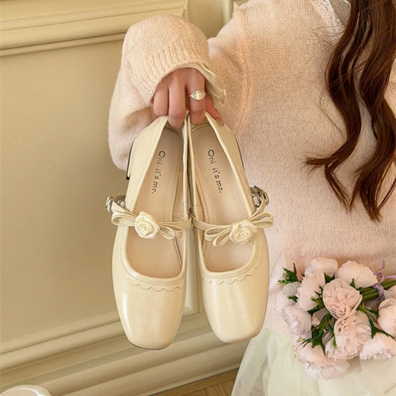 2026 Floral Rose Women Mary Jane Shoes Fashion Buckle Strap Thick Heel Shoes Ladies Elegant Daily Wedding Leather Dress Pumps