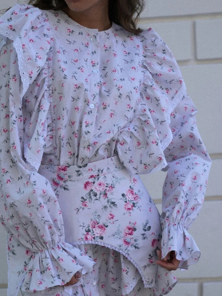 FDYOUI Women's O-neck Single Breasted Ruffles Floral Dress with Corset Ladies Chic Long Sleeve Tunics Shirts Dresses High Street