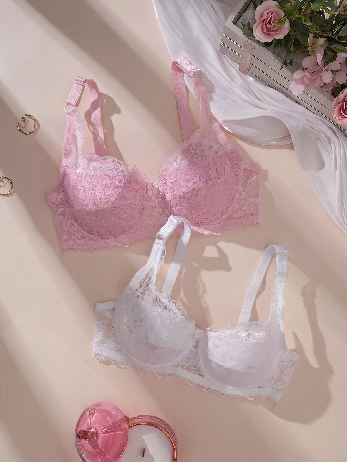 2Pcs Women's Sexy Bras Floral Lace Thin Push-Up Brassiere No Lining Cutout Breathable Underwear