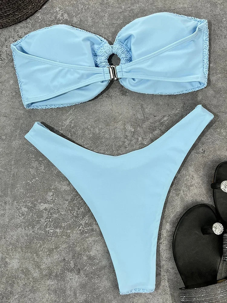 Sexy Fishnet Strapless Bandeau Bikini Women Swimsuit Female Swimwear Two-pieces Bikini set High Cut Bather Bathing Suit Swim