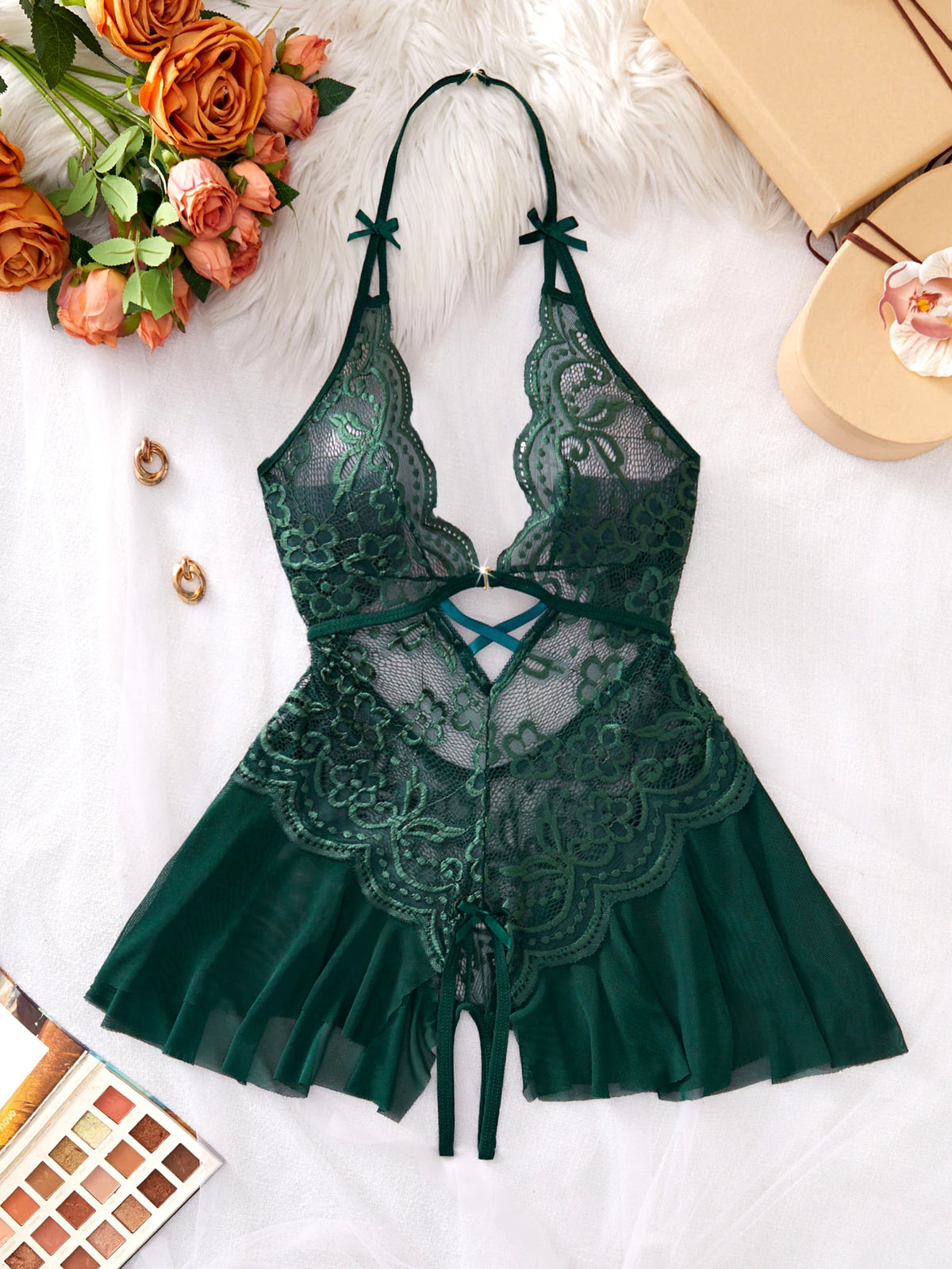 Bodycon Teddy Dress Crotchless Sheer Underwear Set Lace See Through Halter Deep V Sexy Lingerie Sultry Nightwear For Date Night
