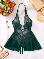 Bodycon Teddy Dress Crotchless Sheer Underwear Set Lace See Through Halter Deep V Sexy Lingerie Sultry Nightwear For Date Night