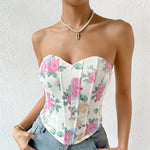 Summer Women Floral Y2K Crop Tops Printed Sleeveless Fishbone Corset Woman Sexy Backless Slim Strapless Streetwear Camisole