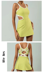 Tennis Dress Women Sleeveless Push Up Padded Sport Dresses Training Running Fitness Hollow Out Backless Slim Badminton Suit