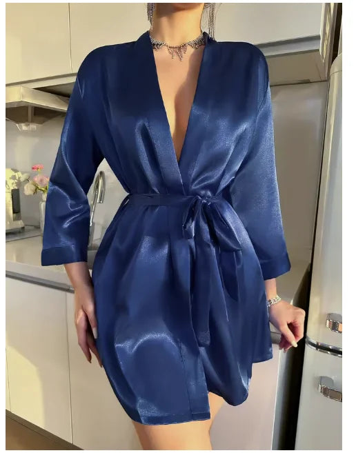Pajamas women summer European and American ladies lace-up bathrobe sexy morning gown home dress can wear ice silk robe