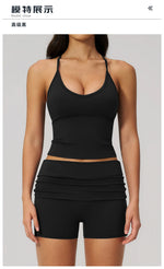 Summer 2Pcs Yoga Sets Women Camisole Slimming Sports Tank Top Pleate High Waist Shorts Fitness Suit Gym Running Excersize Wear