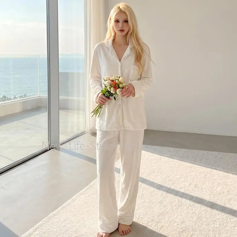 Autumn Winter Elegant Print Pearl Trim Set Luxury Wearable Outside Warm Homewear Sleepwear Women Island Velvet Pajamas