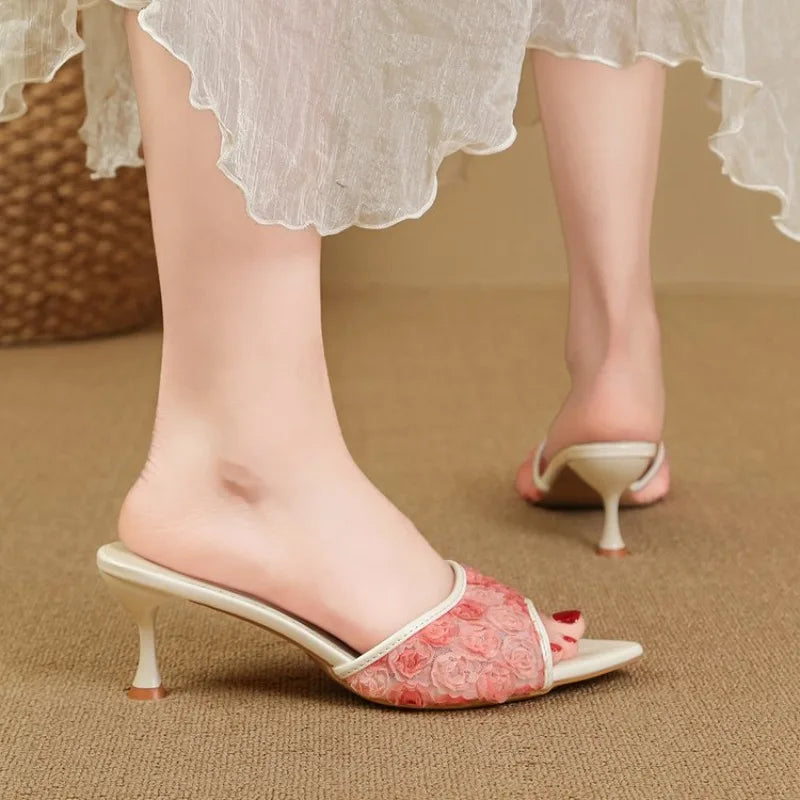 Pink Fashion High Heels Sandal Slides For Women Sexy Pointed Toe Slippers Elegant Ladies Heels Shoes