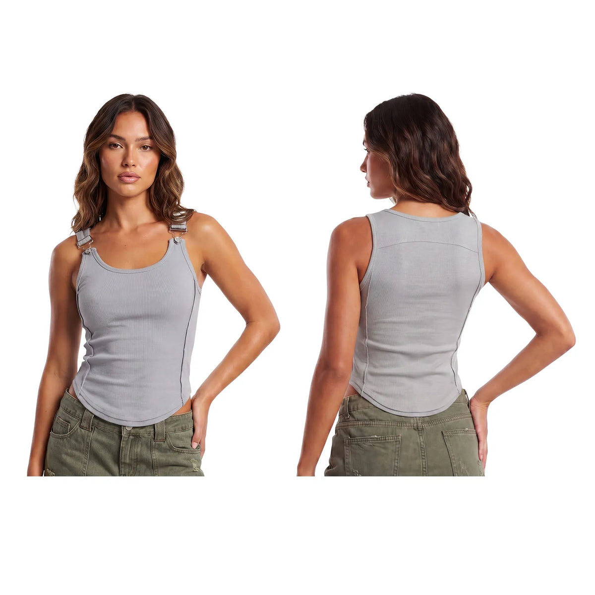 Summer Women's Solid Ribbed Tank Tops Stylish Sleeveless U Neck Camisole with Metal Buckle Straps Gothic Punk Vest
