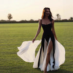 Color Matching Spaghetti Strap Dresses Women Sexy Low Cut Slim Slit Long Dress Fashion Party Prom Evening Vestidos Female