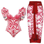 2 Pieces Retro Printed Swimsuit With Cover Up Sexy Women Swimwear 2025 V Neck Bikinis Female Biquini 3XL Bodysuit Beachwear