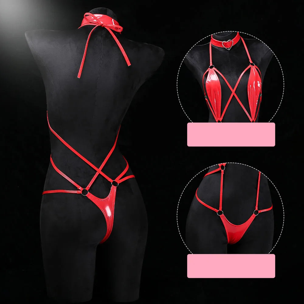 Women Patent Leather Harness Lingerie with Heart Choker Open Back Crotch Less Erotic Bodysuit Intimate Club Wear for Night Party