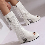 Plus Size Women White Patent Leather Fringe Tassel Mid Calf Boots Peep Toe Platform Block Heel Open Toe Party Club Heels