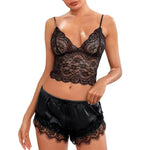 Women Pajama Set Lace Pajama Top Satin Shorts With Black Silk Bow And Lace Trim Sexy Lace Camisole Set Ladies Sleepwear Outfit