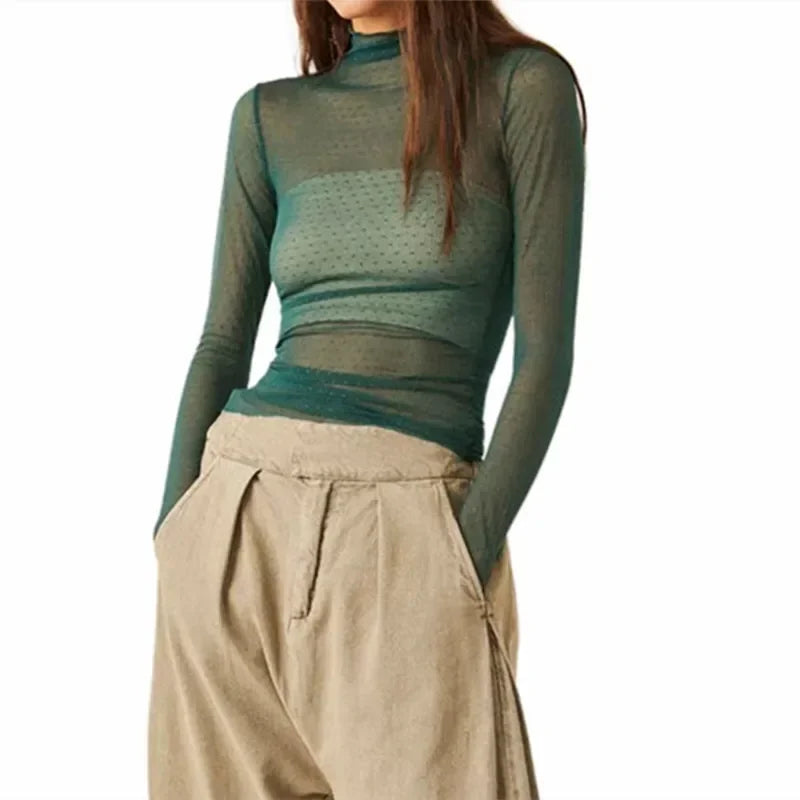 Women Mesh Dot T-shirt Long Sleeve Turtleneck Slim Fit Tee Tops Club Sexy Shirts See Through Cover-ups Smock Summer Fall