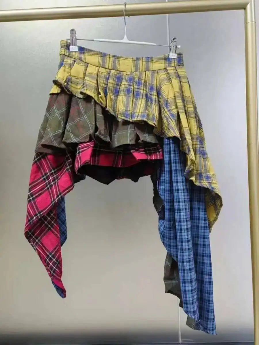 Real Photo Autumn Trend New Fashion Cotton Plaid Patchwork Irregular Skirt High Waist Pants Skirt Women's Streetwear Y2K X6CQ