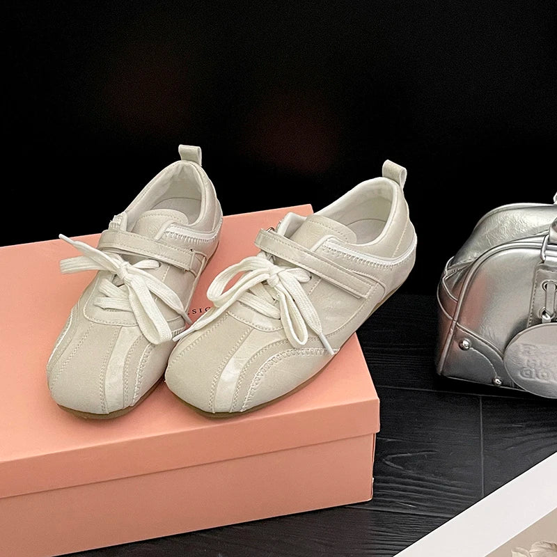 Women Ballet Style Flat Sneakers Dual Strap Decor Lace‑Up Soft Sole Lightweight Breathable Daily Casual Walking Fashion Shoes