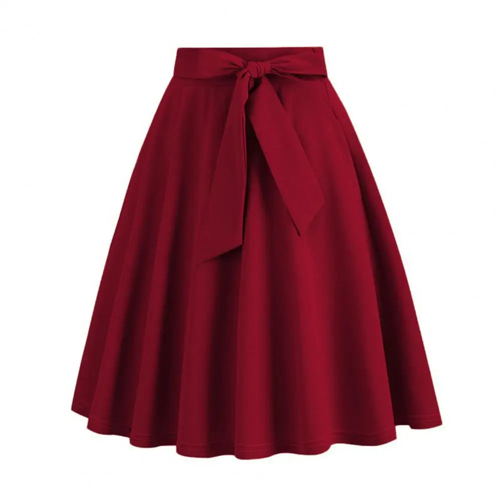 Women Skirt A-line Big Swing Belted Tight Waist Bow Decor Solid Color High Waist Soft Ruffle Summer Dating Party Midi Skirt