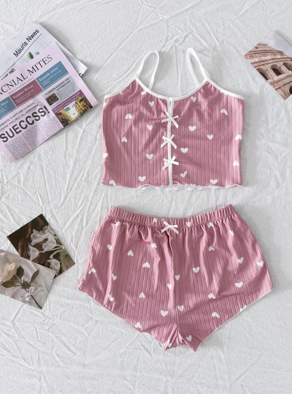 Cute Heart Print Pajama Set Women's Ribbed Cami Top & Shorts Bow Detail Sleepwear Loungewear Soft Comfortable Pj Set New Fashion