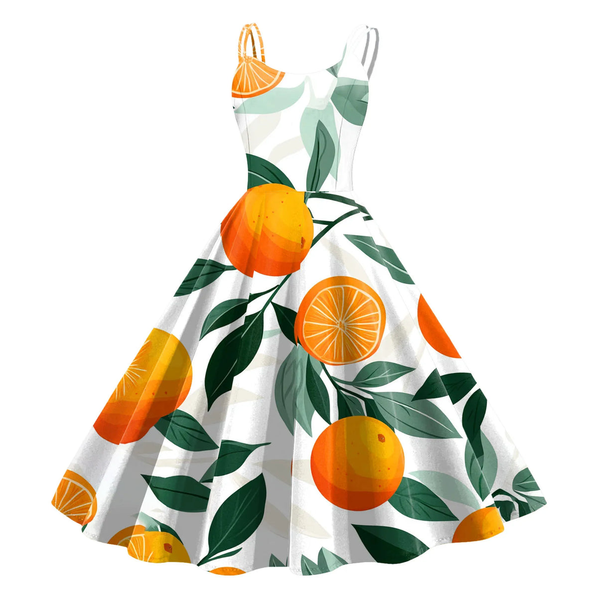 Vintage Fruit Print Dress For Women Elegant High Waist A Line Swing Dress Rockabilly 60s 50s Retro Spaghetti Strap Maxi Robe