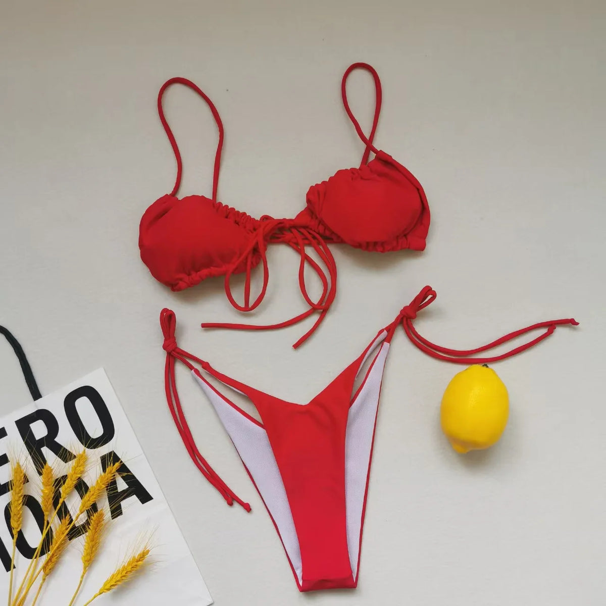New Women's Sexy Swimsuit Loop Strap Bikini Set Double Face Plain Swimwear Lace Up Beach Clothes Swimming Pool Party Essential