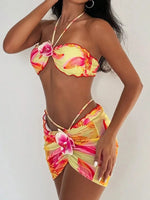 with Mesh Skirt 3D Flowers Halter Bandeau Bikini Women Swimsuit Female Swimwear Three-pieces Bikini Set Bathing Suit Beachwear