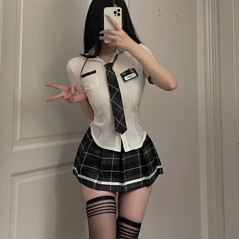 Women Sexy Lingerie Slim Fit Schoolgirl Cosplay Outfit Student JK Uniform Shirt with Plaid Pleated Skirt Panties Set Costume