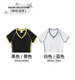 Hot girl top V-neck exposed navel contrasting color splicing clothes women's street short-sleeved T-shirt