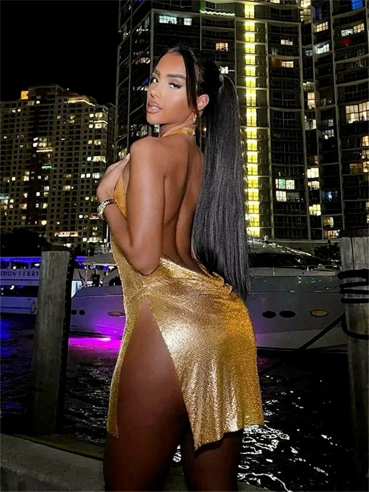 Women Glitter Sexy Dress Sleeveless Backless Halter Low Cut Split Short Dress See Through Party Club Sexy Dresses Female Summer