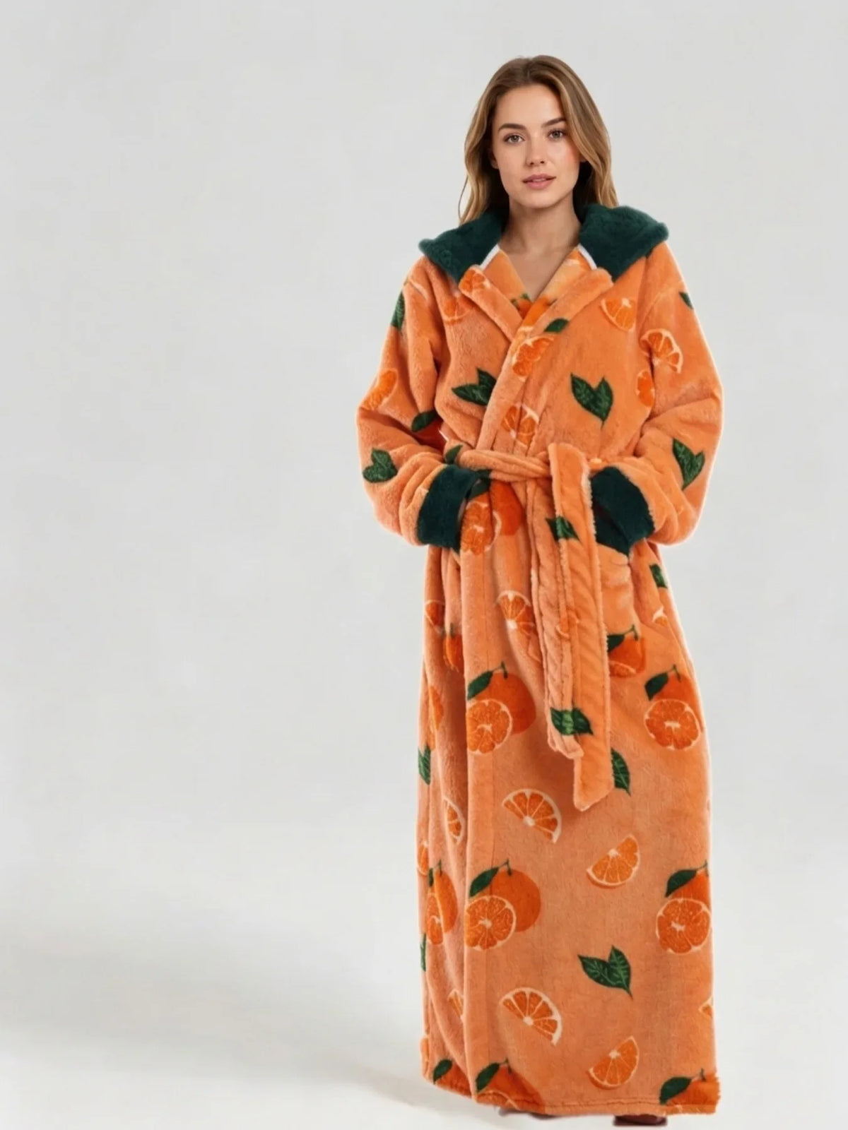 Winter Hooded Flannel Bath RobeCouples Loose Fit Animal Fruit Multi Print Long Loungewear Robe with Belt Double Side Pockets
