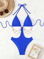 Woman Bikini Triangle Top Ribbed Fabric Black Bikinis Side Cutout Chain Detail Swimsuit High Cut Bottom Belly Chain Beachwear