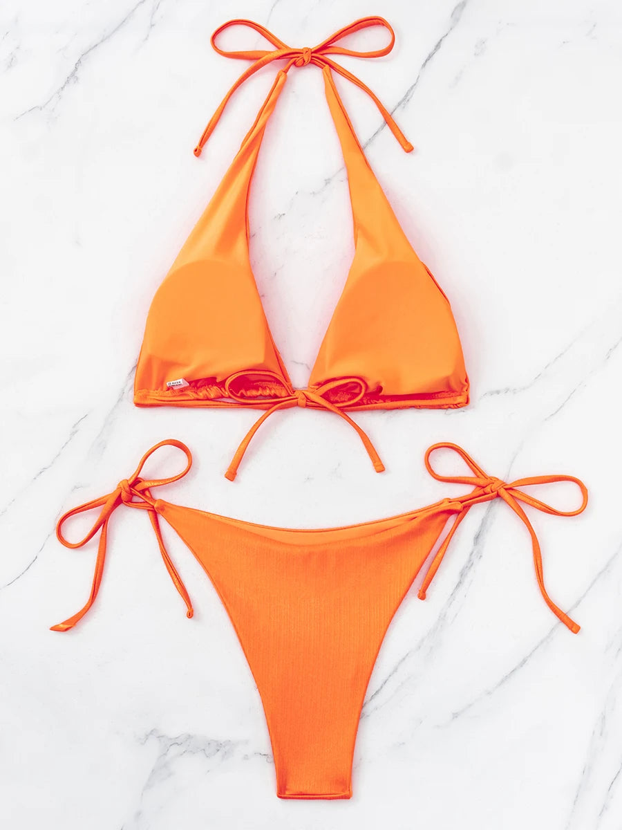 String Bikini 2026 Women Solid Halter Swimsuit Sexy Tie Side Swimwear Female Bathing Swimming Swim Suit Beachwear