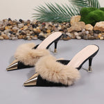 Women's Plush Mules High HeelsMetal Decoration, Pointed Toe Stiletto Sandals, Patent Leather Slippers, Fur Decoration, Sexy
