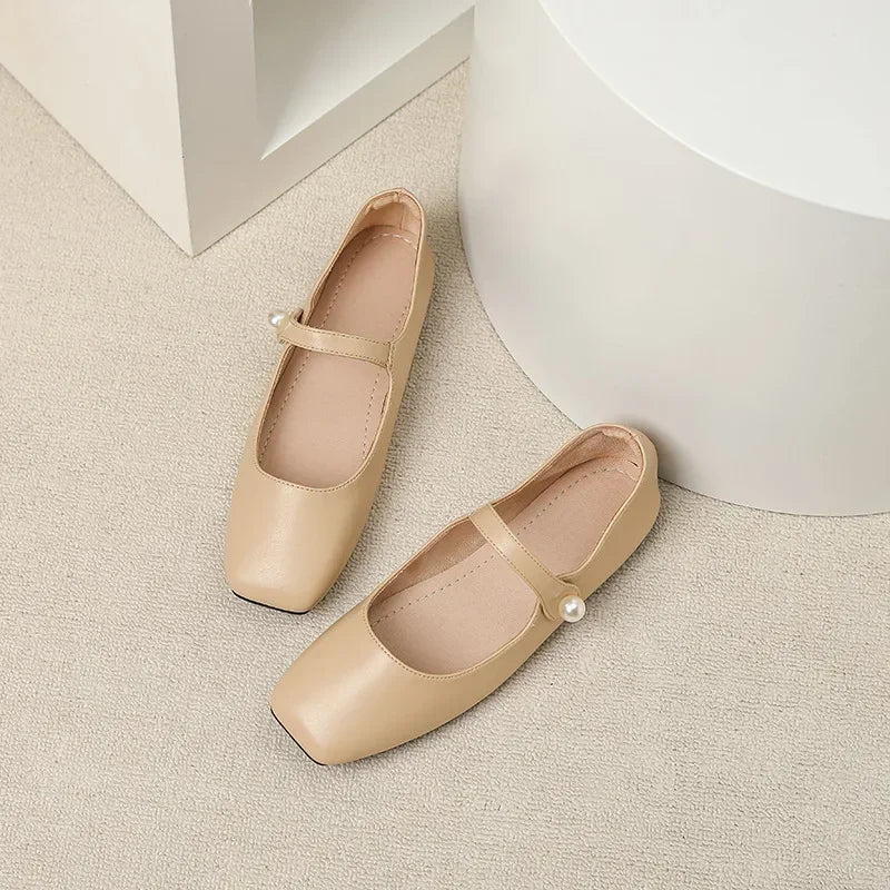 2025 Elegant Woman Square Toe Lolita Lady Barefoot Boat Gold Flats Elegant Soft Sole Ballerina Party Mary Jane Shoes