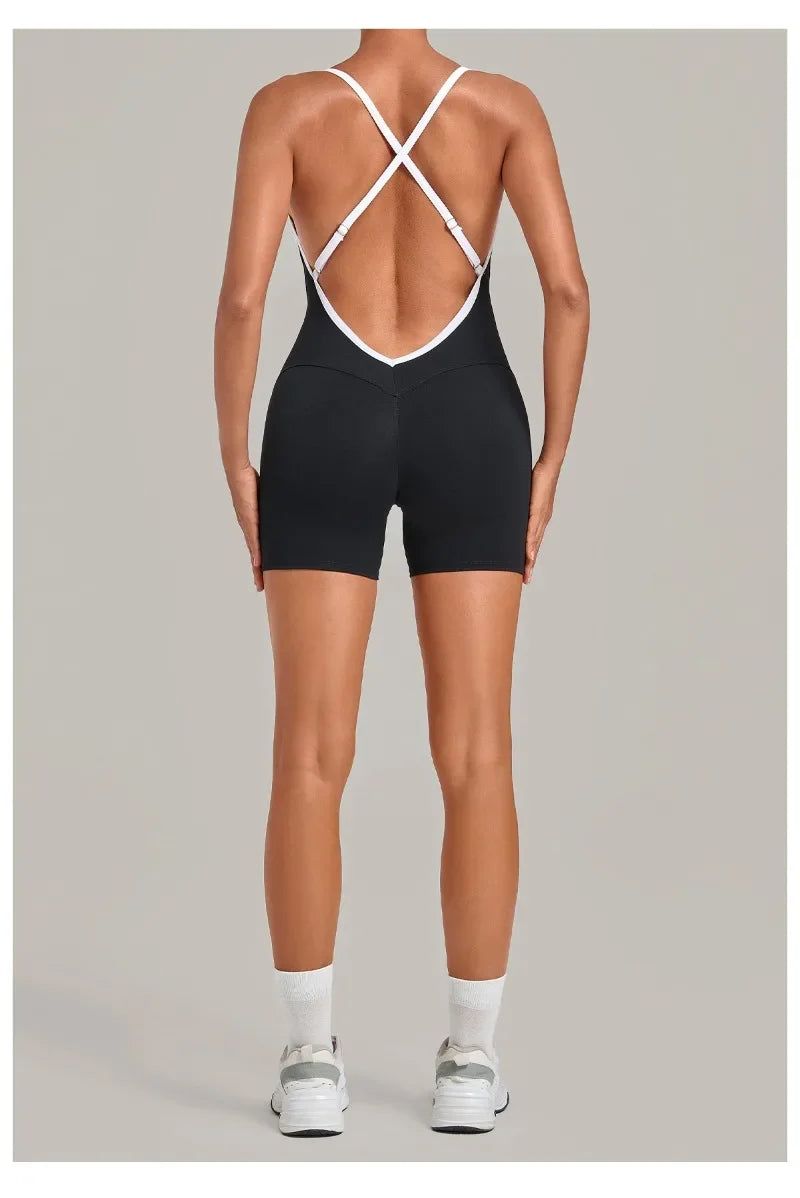 Women's Seamless Yoga Jumpsuits Fitness Sports Gym Hip-lifting Sleeveless One-piece Backless Workout Training Shorts Jumpsuit