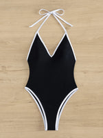 Sexy Deep V Neck One Piece Swimsuit 2025 Women Black Contrast Push Up Backless Slim Tummy Control Swimwear Beach Pool Bather