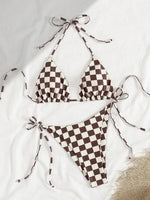 Sexy Pink Plaid Micro Bikini 2026 Women Halter Push Up Bra Tie Side Thong Swimsuit Brazilian Beach Bathing Suit Swimwear Biquini
