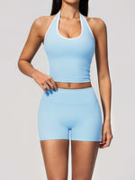 Naked Color Contrast Yoga Sets Women Hanging Neck Sports Vest Gym Clothes Breathable High Waist Shorts Fitness Suits Tracksuit