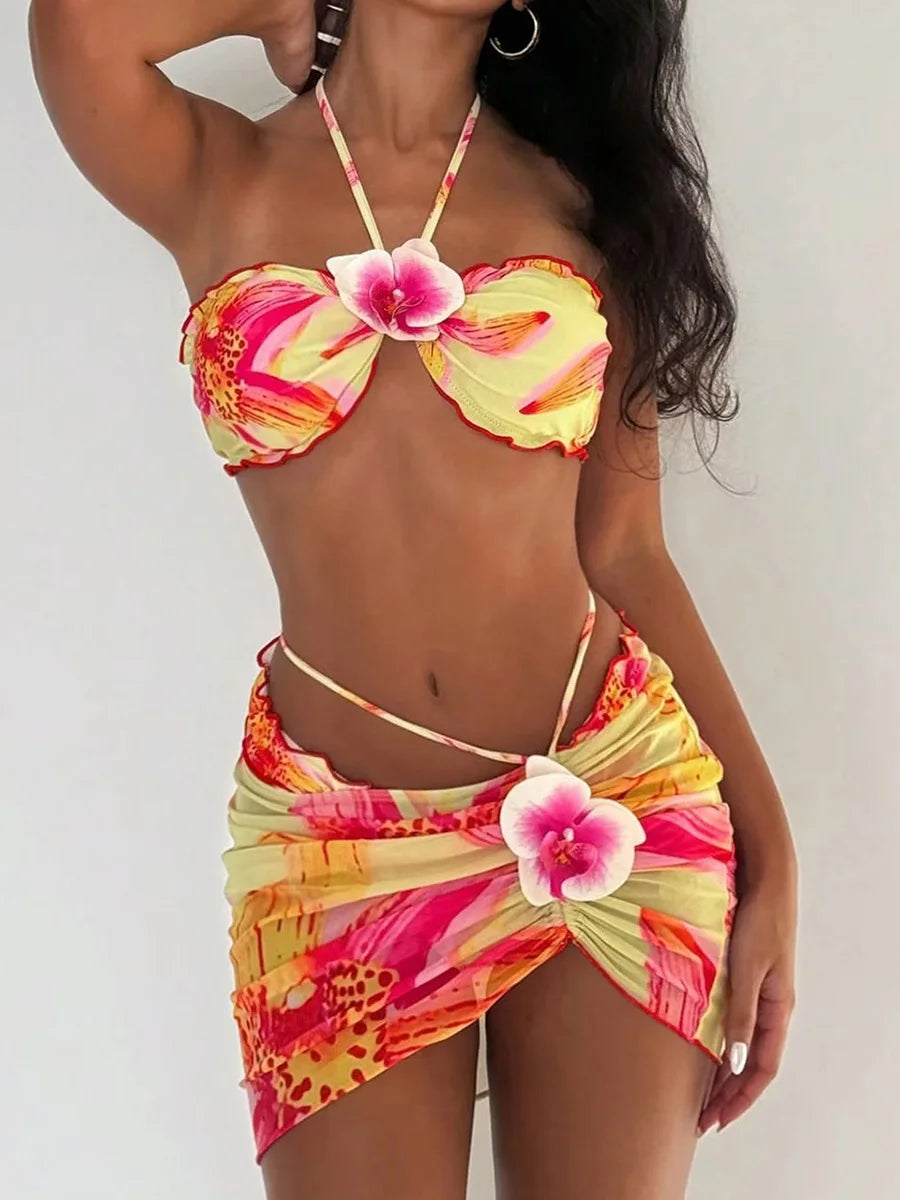 with Mesh Skirt 3D Flowers Halter Bandeau Bikini Female Swimsuit Women Swimwear Three-pieces Bikini Set Bathing Suit Beachwear