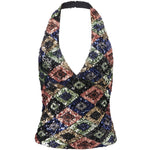 Summer Women Sequin Vest Open Back Sleeveless Halter Slim Fit Tank Tops Sexy Fashion Street Retro Corset Shirts