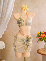 Sexy Beige 3D Flowers Embroidered Bikini Set 2026 Women Drawstring Cover Up 3 Piece Swimsuit Beach Bathing Suit Holiday Swimwear