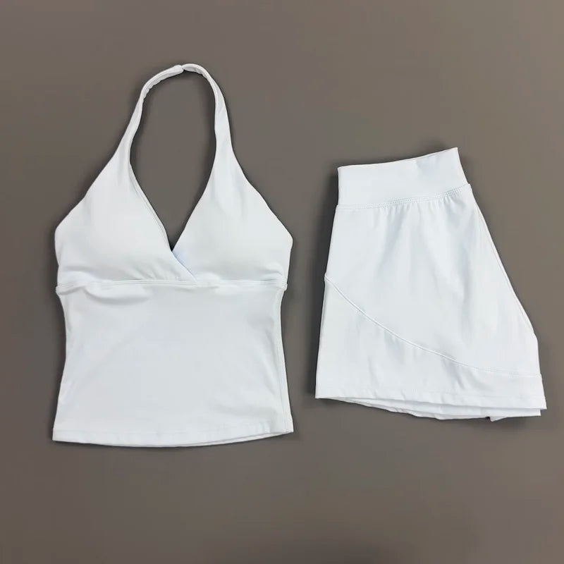 2 Piece Yoga Set Women Halter Deep V Neck Wrap Top Quick‑Dry Athletic Shorts Stretchy Gentle on Skin Suit Gym Workout Sportswear