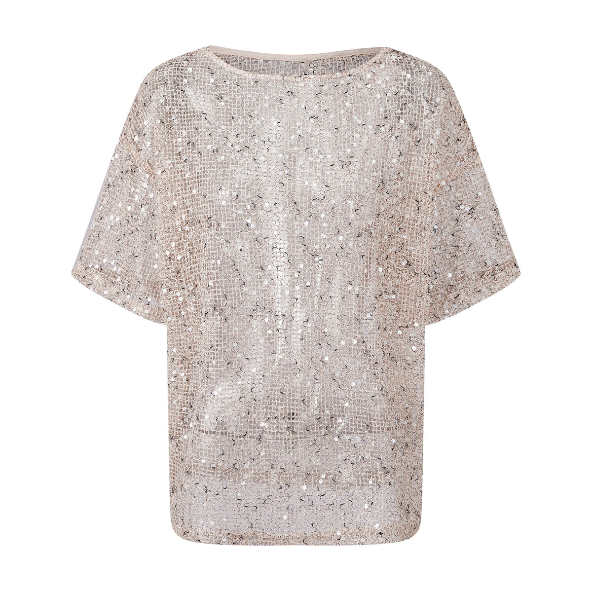 Summer Women's Fishnet T-shirt Casual Loose Fit Stylish Solid Color See Through Sequined Crew Neck Elbow Sleeve Tops