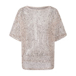 Summer Women's Fishnet T-shirt Casual Loose Fit Stylish Solid Color See Through Sequined Crew Neck Elbow Sleeve Tops