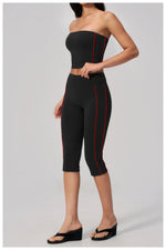 Color Blocked Strapless Yoga Suit 2 Pieces Women Sports Bra High Waist Leggings Fitness Suit Outwear Running Push Up Tracksuit