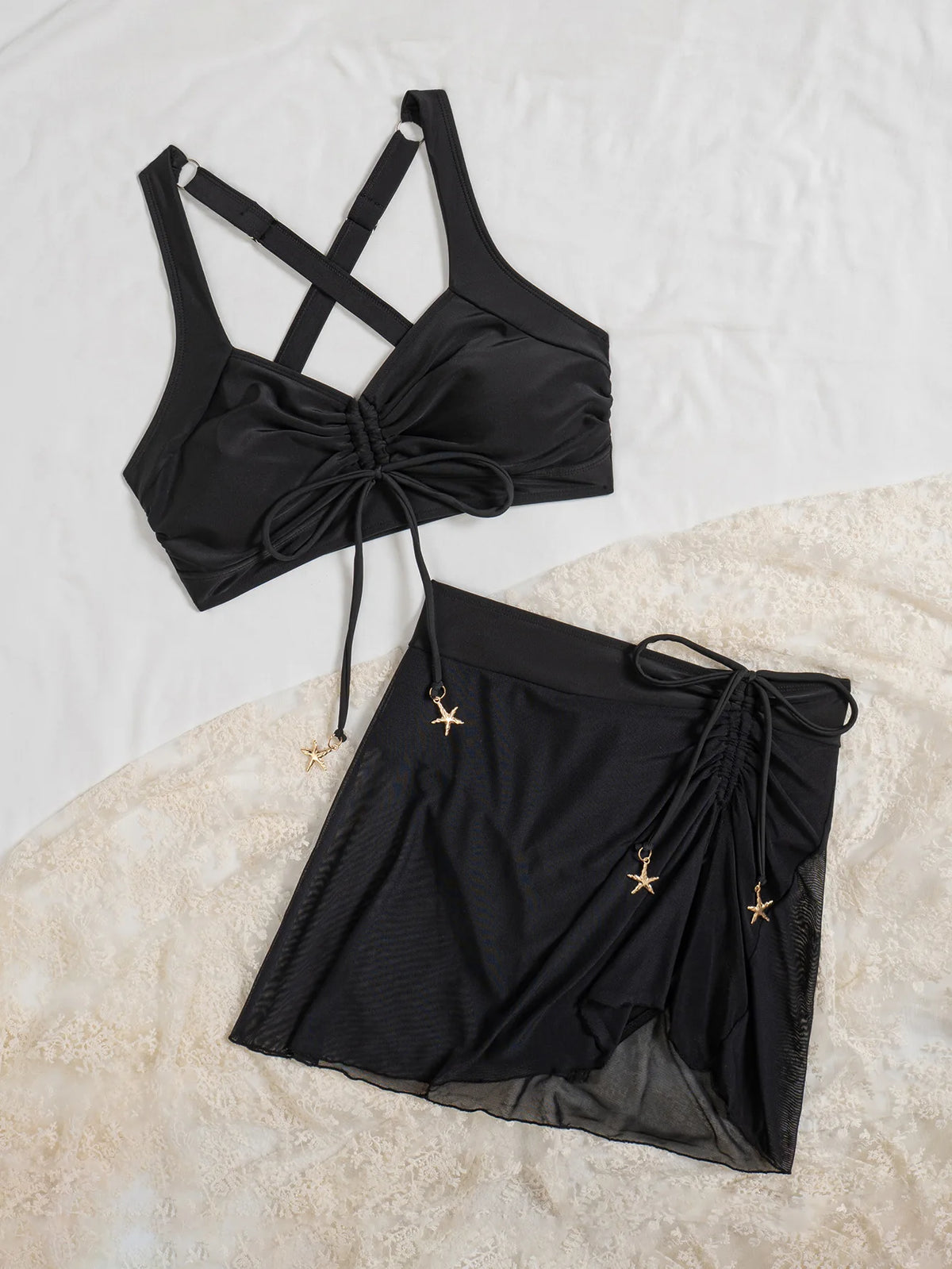Vintage Black Two Piece Bikini Set 2026 Women Pleate Drawstring Push Up High Waist Skirt Swimwear Beach Bathing Suit Swimsuit
